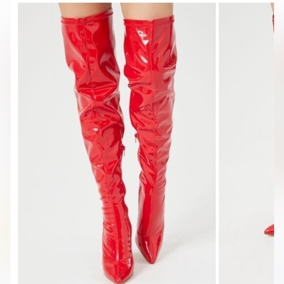 Red Faux Patent Leather Pointed Boots - Picture 8 of 8